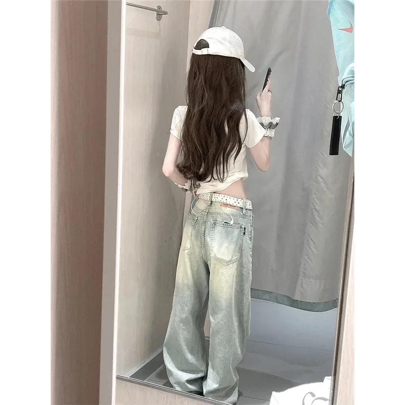 2024 Blue High Waist Women Jeans Feeling Vintage Straight Casual Baggy Streetwear Y2K Wide Leg Jeans Female Trouser Denim Pants