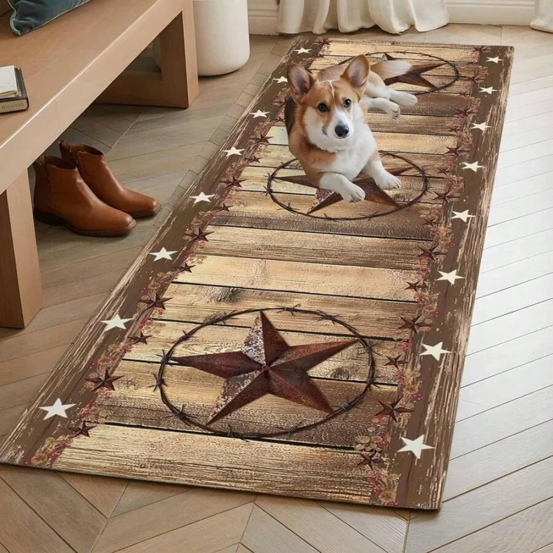 1pc Rustic Farmhouse Runner - Non-Slip Long Floor Mat With Brown Wood Plank Design And Western Star Pattern, Featuring Beige