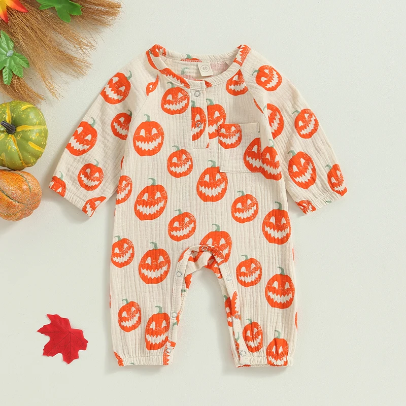 Infant Newborn Baby Halloween Outfit Boy Girl Pumpkin Ghost Jumpsuit Long Sleeve  Romper Cute Fall Clothes