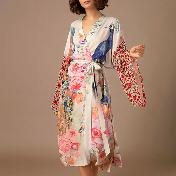 TEELYNN Casual Floral Print Cover-Ups Women Robe Vintage Gown Flare Sleeve Kimono Dress Boho Beach Wear Kaftan Summer Vestidos