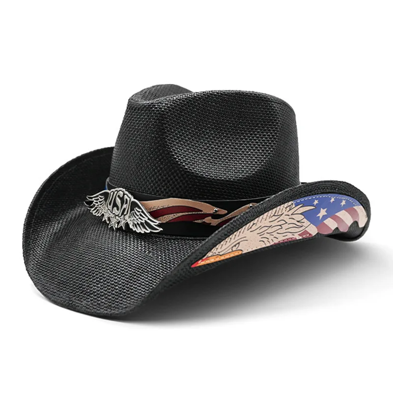 Usa Horse Riding Men And Women Sztywny Retro Tybetański Nadruk Duże Rondo Western Denim Trawa Letni Kapelusz Ochrona Przeciwsłoneczna Osłona przeciwsłoneczna