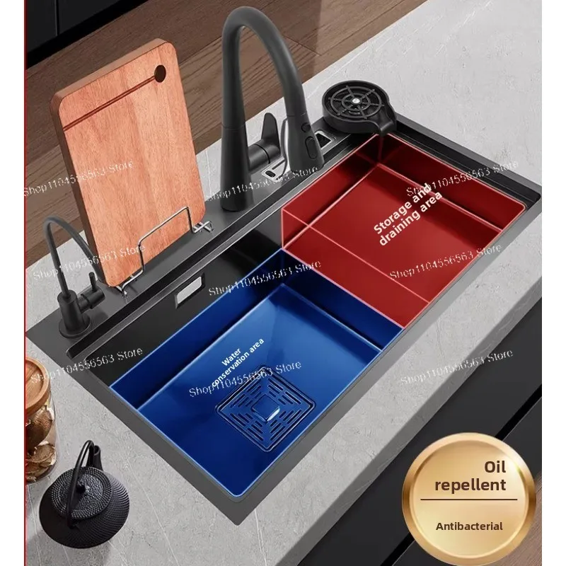 Nano Black Diamond Step-Type Large Single Sink, Handmade Stainless Steel Kitchen Sink, for Undermount & Drop-In Installation