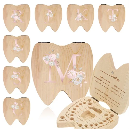 

Wooden Kid Tooth Storage Box Lost Teeth Saver Case Creative Keepsake Recording Teeth Information Pink Flower Letter Pattern