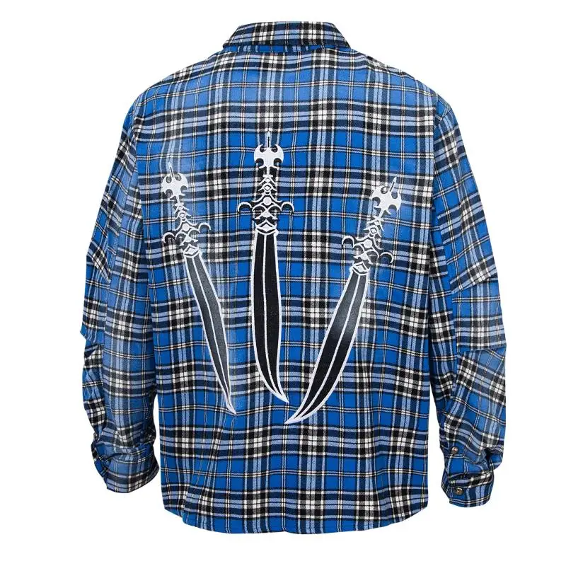 New 2025 Men Fashion Plaid Thug Club Metal Star Sword Cotton Casual Shirts Shirt High Pocket Long-sleeves Size 1 2 3 #C34