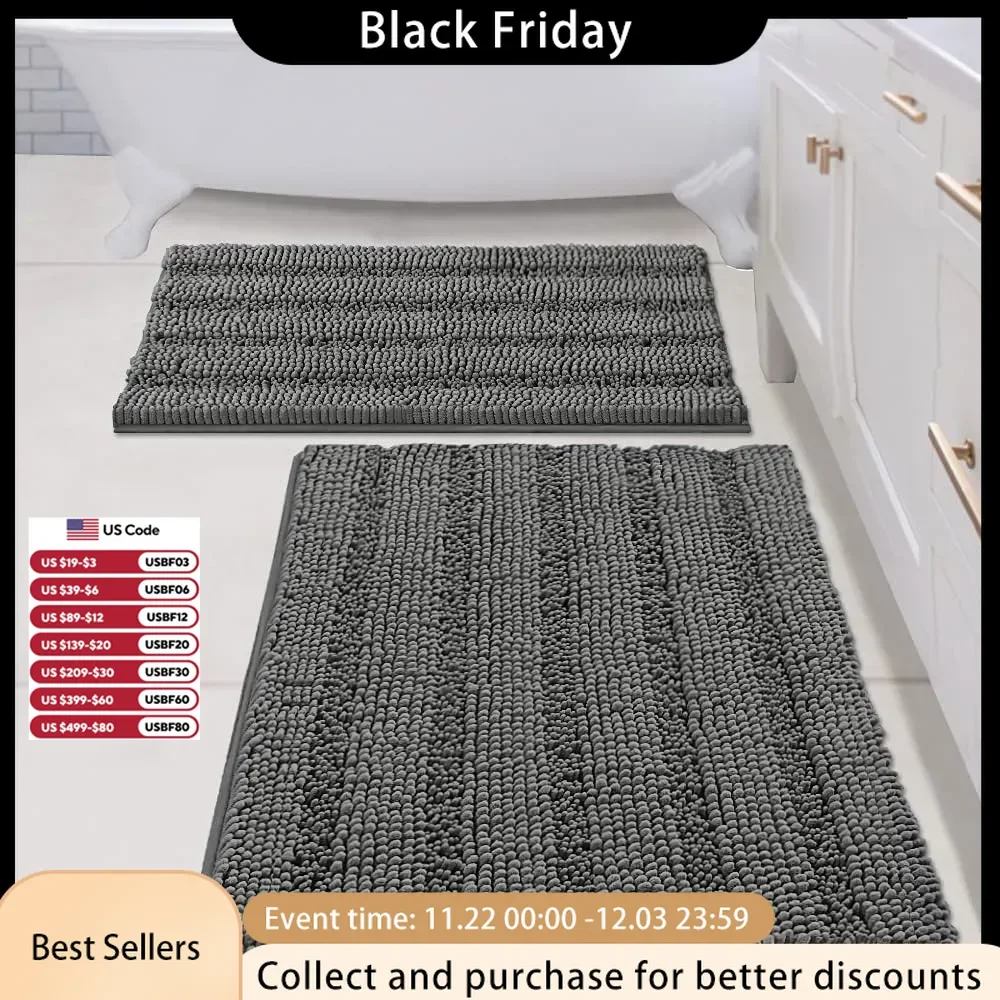 2 Piece Bathroom Set Bathroom Rugs, Bath Mats Set Super Absorbent Chenille Striped Bath Mats Non Wash Dry Rug for Bathroom Floor