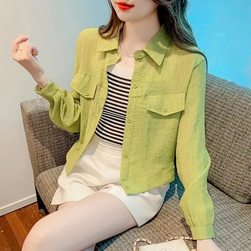 Summer Elegant Fashion Harajuku Slim Fit Female Clothes Loose Casual All Match Outerwear Button POLO Collar Long Sleeve Shirt