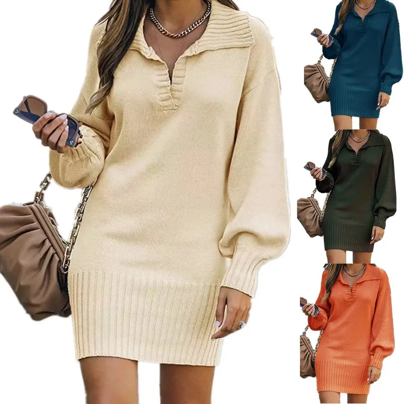 Europe and America Sweater Women Pullover Jumper Medium Length Sweater Dress Lapel Lantern Sleeves Knitting Solid Color