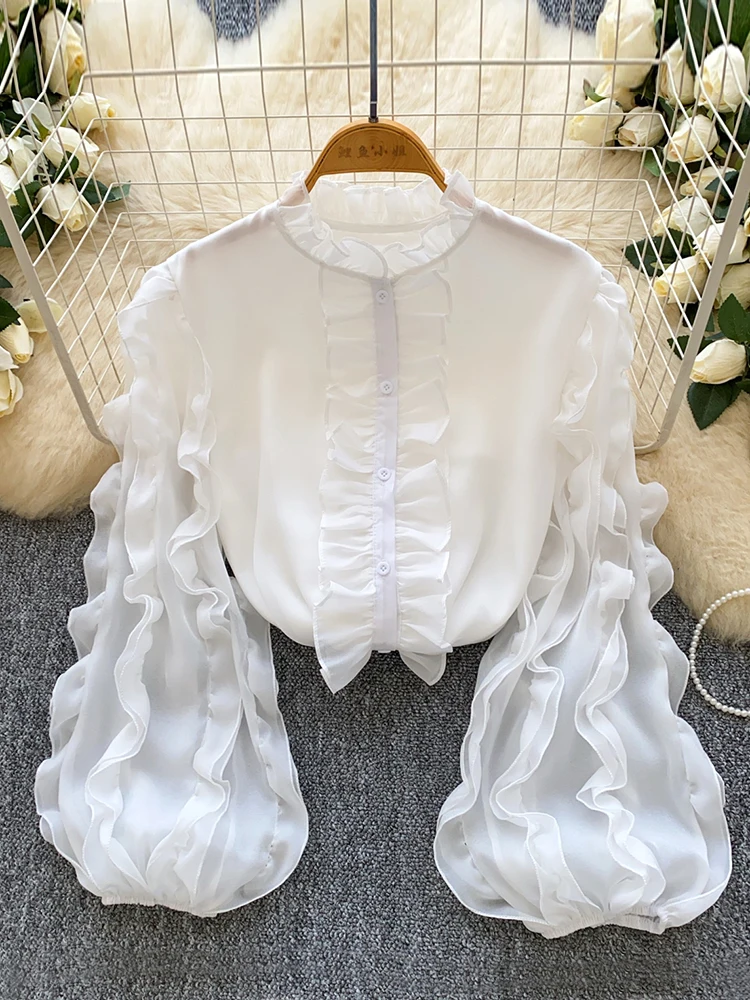 

Women's Autumn Shirt New French Gentle 3D Ruffles Lace Single Breasted Fungus Bottom Chiffon Shirt Top Blouse Female BL283