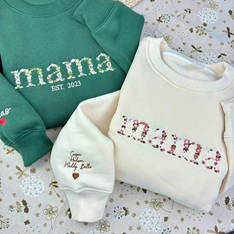 Embroidered Floral Mama Sweatshirt Personalized Embroidery Custom Year Sweatshirt, Gift for mama Nana Gift for Mother’s Day