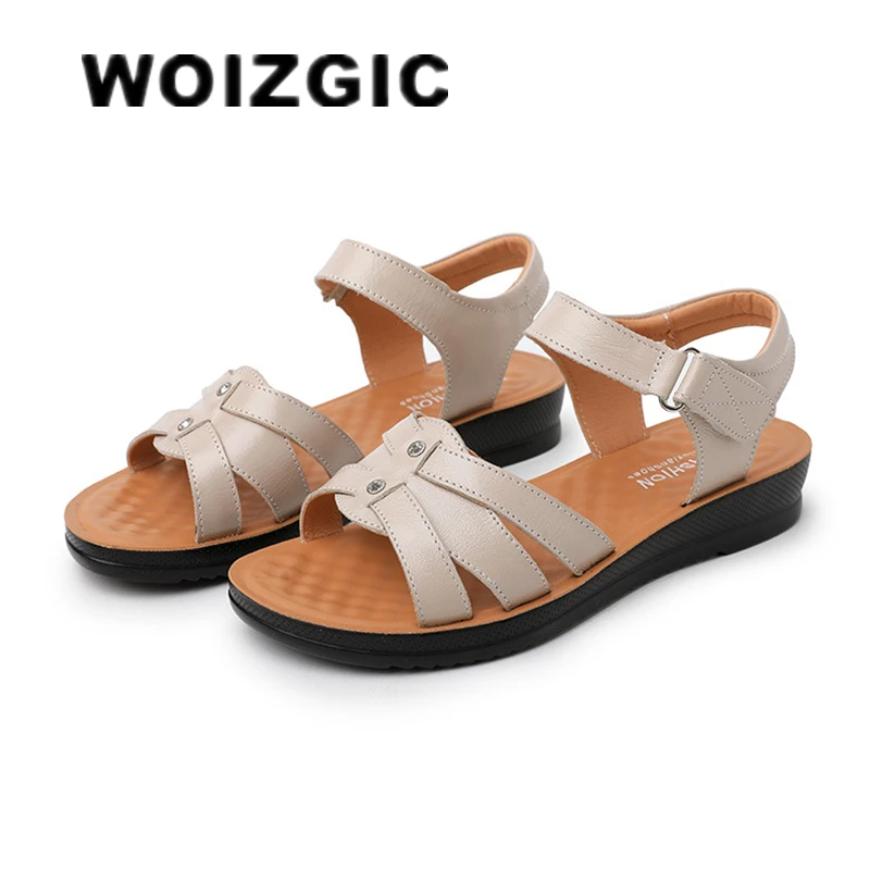 WOIZGIC Women's Female Ladies Mother Genuine Leather Sandals Platform Shoes Non Slip Summer Cool Beach Hook Loop Plus Size 42 43