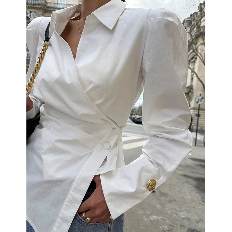 

Vintage Elegant White Shirts Women Fashion Irregular Blouses Office Ladies New Korean Long Sleeve Chic Buttons Slim Design Tops
