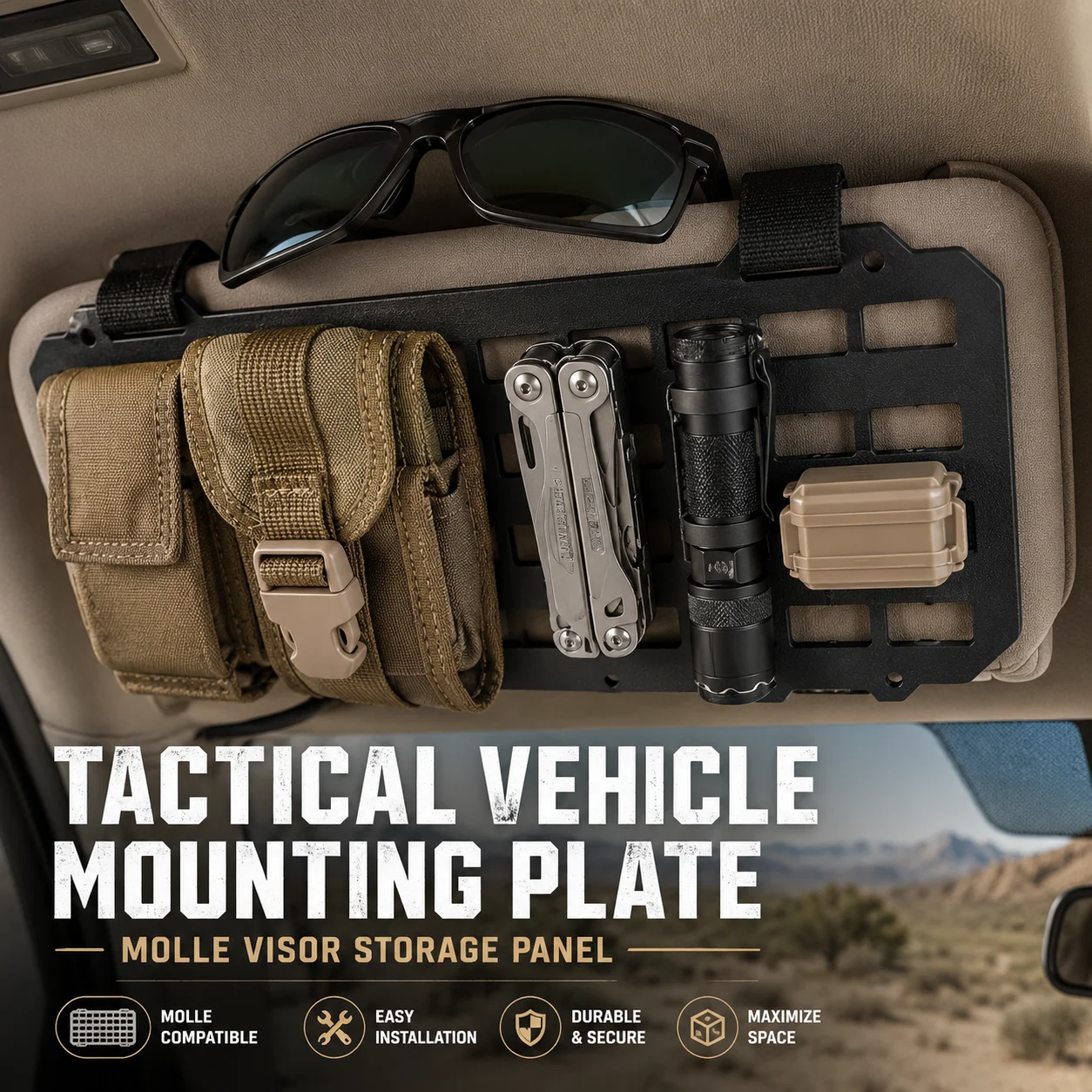 Tactical Vehicle Mounting Plate MOLLE Sun Visor Organizer Car Interior Storage Panel Off-Road Accessory