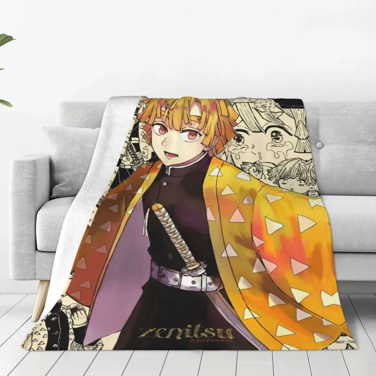 Zenitsu Demon Slayer Flannel Throw Blankets Anime Blanket for Bed Couch Lightweight Quilt