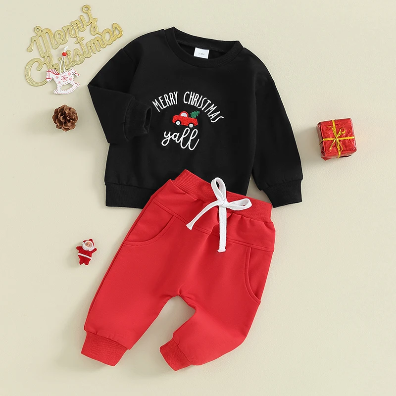 Toddler Baby Boy Christmas Outfits Embroidery Long Sleeve Sweatshirt Elastic Pants Fall Winter Clothes