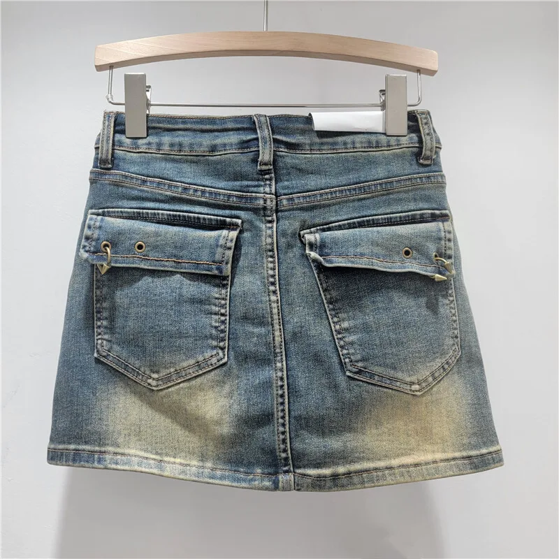 ANJY Summer New Women American Style Retro Washed Tie Dye Slim Fit A-Line Trend High Street Fashion Denim Short Pantskirt A14089