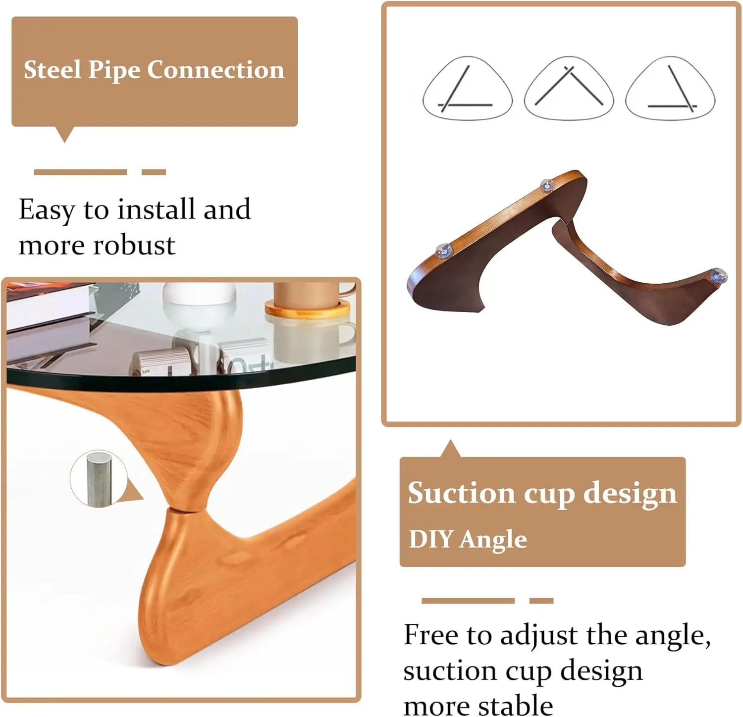 Mesa de centro con tapa templada y patas de madera, moderna de mediados de siglo para sala de estar, centro rústico de nogal marrón