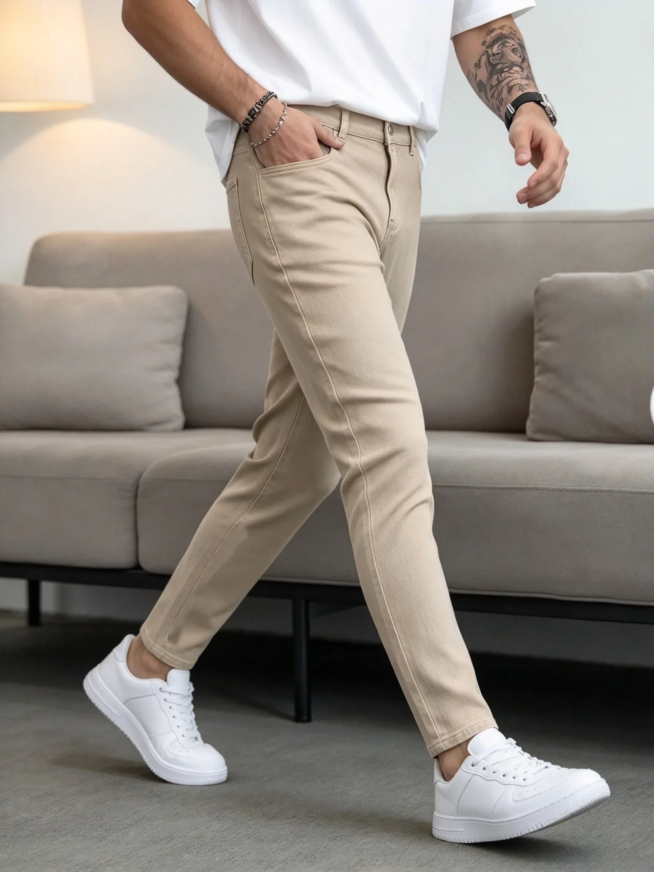 Vintage Y2K Trendy Khaki Slim Denim Jeans for Men Nostalgic Streetwear Trousers Lovely Gift for Lover