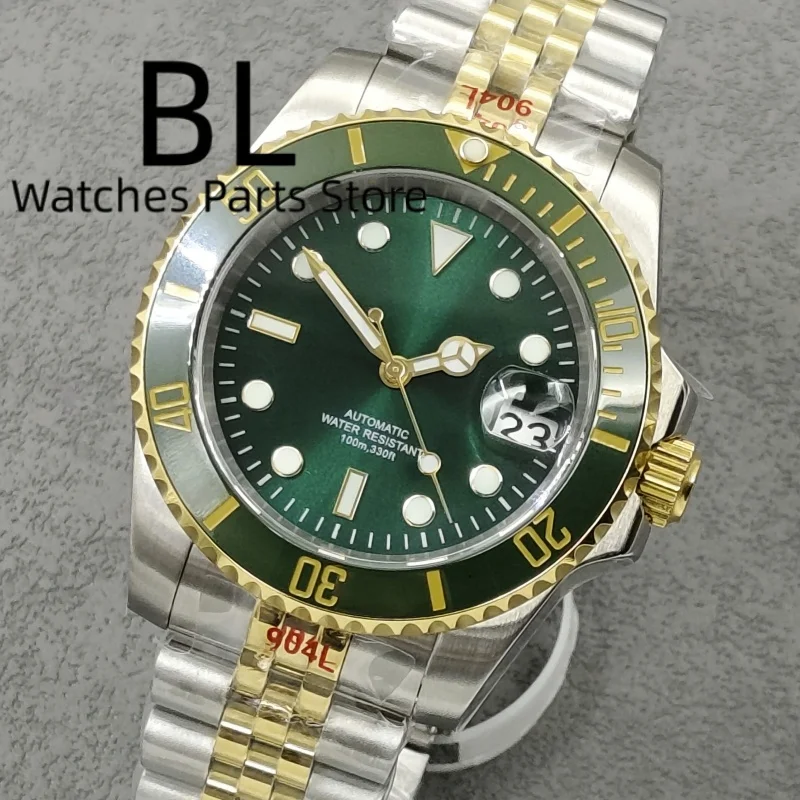 BLIGER Custom Logo Luxury 40mm Two-tone Gold Sunburst Green Dial NH35 Automatic Mechanical Watch For Men 10 Bar Sapphire Crystal