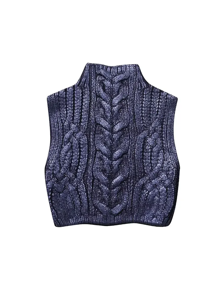 TRAF 2024 Autumn Winter Cropped Knitted Sweater Vests For Women Knit Sleeveless Vest Woman Short Waistcoat Women Pullovers Top