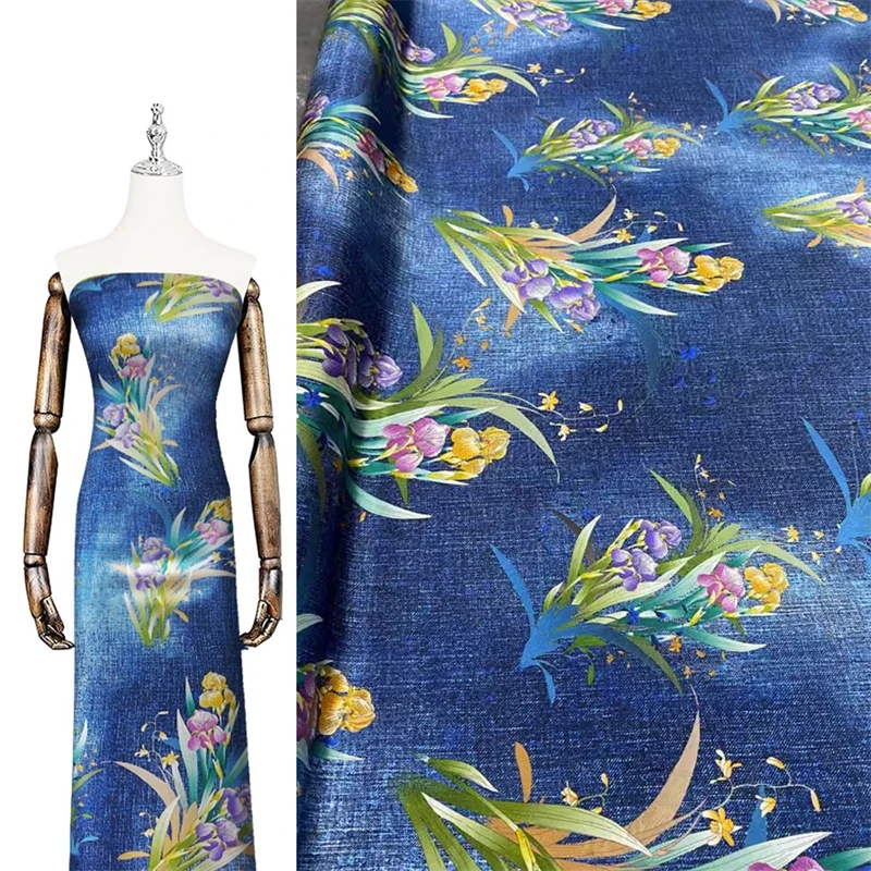 Denim Blue Narcissus Brand Luxury Silk Fabric Summer Eco-friendly Breathable Dress Clothing Handmade DIY Accessories By Meter