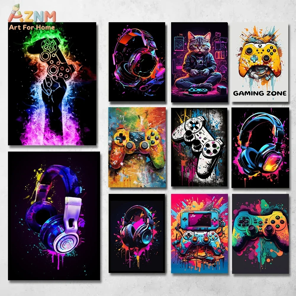 AZNM Color Splash Game Controller Canvas Wall Art, Gaming Headset Cat Gamer Graffiti Style Print, Frameless Canvas Painting for