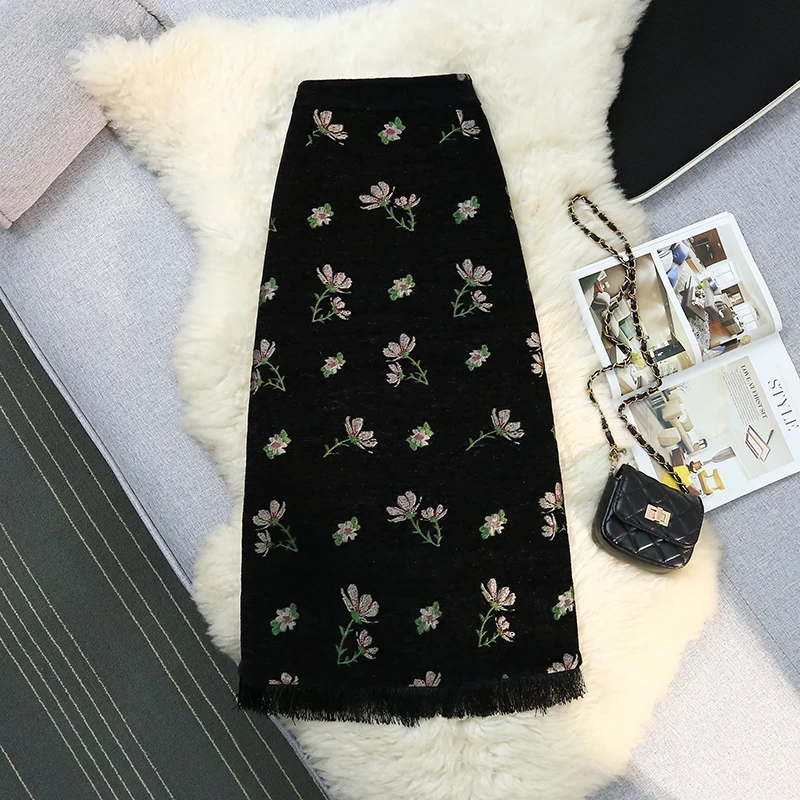 

Women Flower Bodycon High Waist Pencil Skirt Office Elegant Ladies Slim Midi Skirts Autumn Winter Split Tassels Straight Skirts