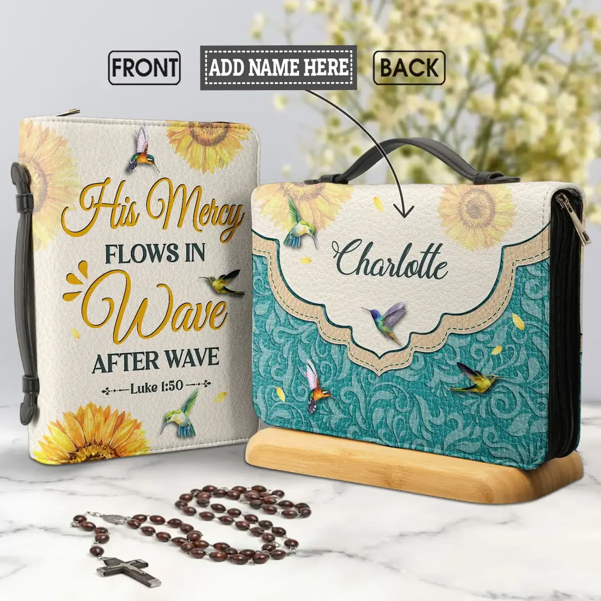 

Pretty Sunflower Hummingbird Print Ladies Bible Bags His Mercy Flows in Wave Bible Poery Women Holy Cover Case Leather Handbags