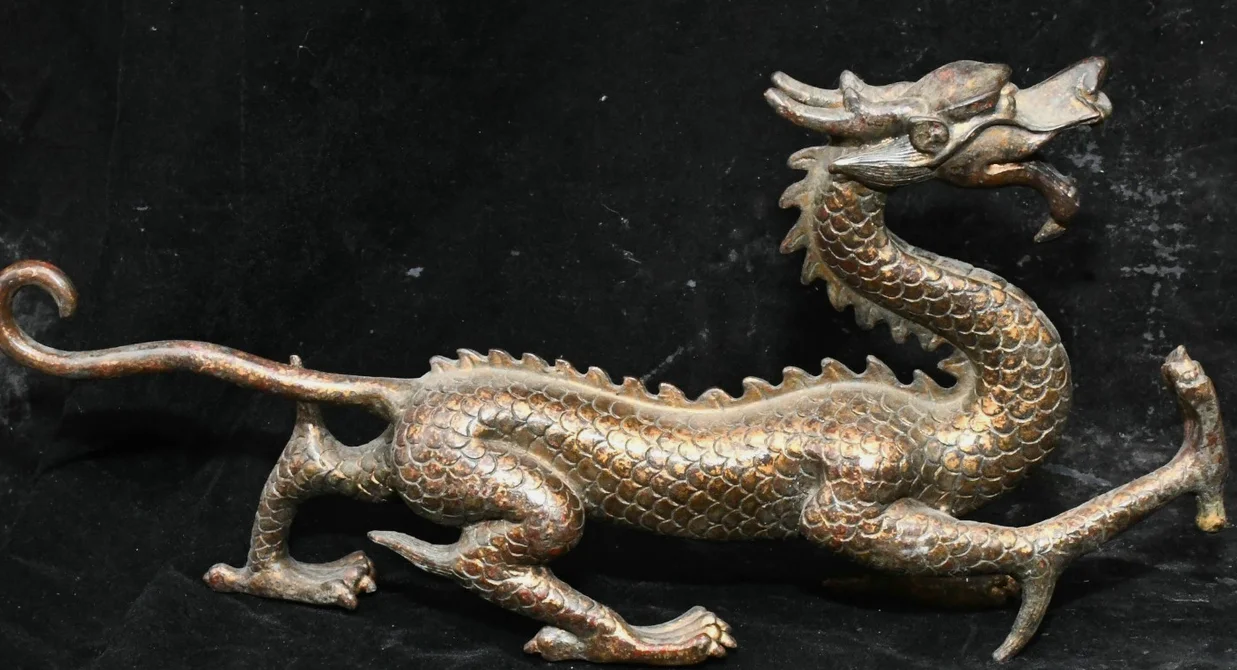 12.2''Old China Dynasty Bronze Gilt Fengshui 12 Zodiac Year Animal Dragon Statue