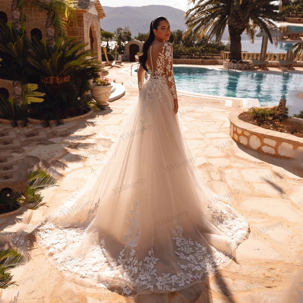 Customized Elegant Wedding Dresses Bridal Full Sleeve Backless Applique Beach Bride Gowns Women vestidos de novia personalizados