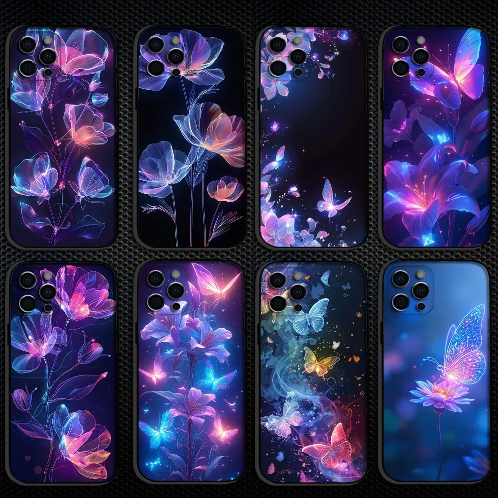 

Glow in the dark flowers Phone Case For iPhone 16,15,14,13,12,11 Plus,Pro Max, Soft Silicone Black Cover