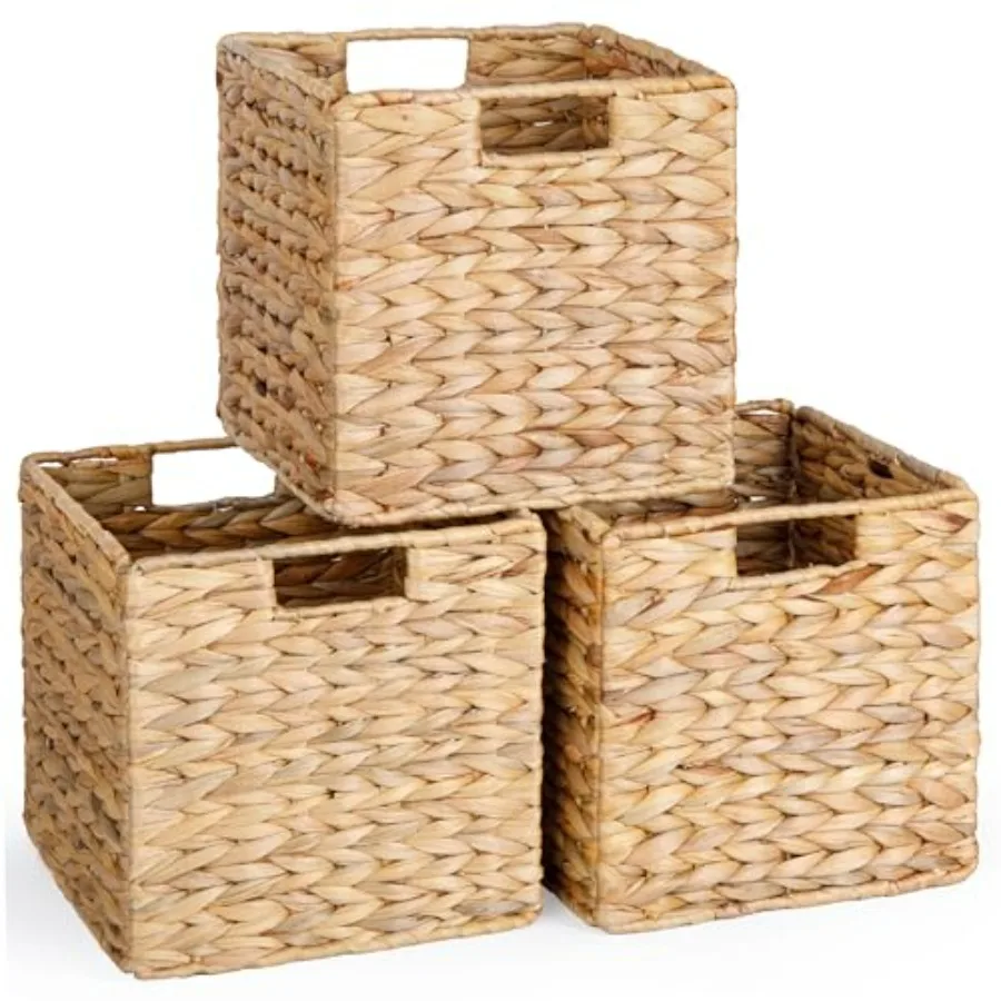 

10.5x10.5 Water Hyacinth Collapsible Square Wicker Storage Baskets Cube Bins for IKEA Kallax Set of 3 Natural Color Practical a