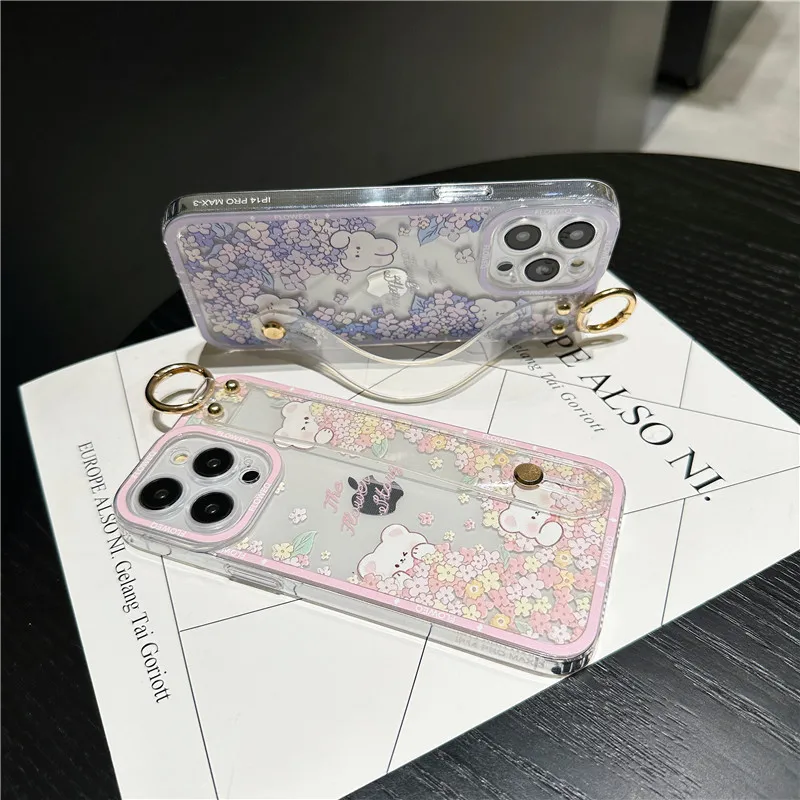 for Huawei Pura 70 Pro P60 P50 P40 P30 P20 Lite Mate 20 Case Cute Flower Rabbit Transparent Phone Holder Wrist Strap Cover Fudna