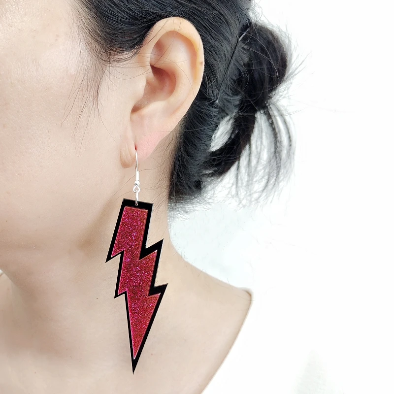 KUGUYS Lightning Long Dangle Drop Earrings for Women Rose Red Pink Blue Gold Color Glitter Acrylic Fashion Jewelry Accessories