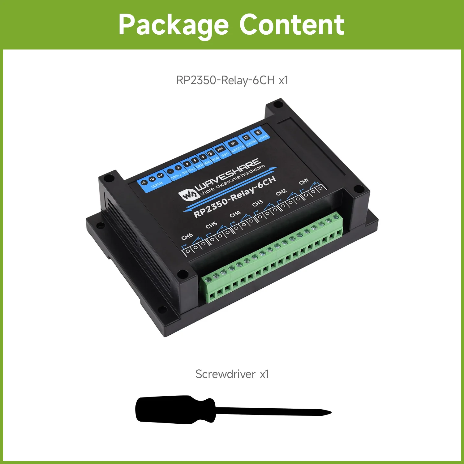 Waveshare Industrial 6-Channel RP2350 Relay Module, With Multiple Isolation Protection Circuits Onboard RS485/Pico HAT interface