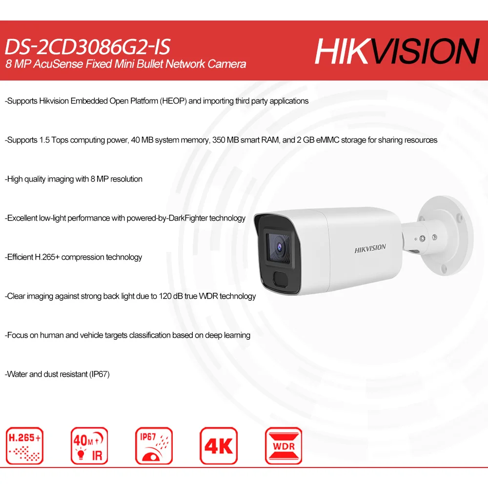 Hikvision Original DS-2CD3086G2-IS 4K POE IR40M AcuSense Fixed Mini Bullet Network Camera Audio Alarm Security Protection H.265+