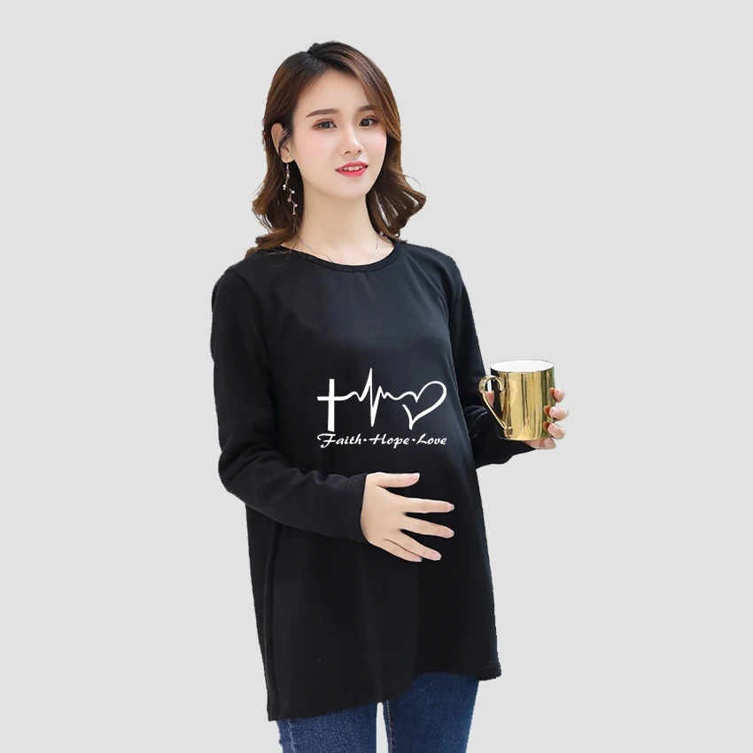 

Cute Sweet Cartoon Heartbeat Love Print Customized Pregnant T-Shirt Girl Funny Maternity Pregnancy Flattering Long Sleeve Shirt