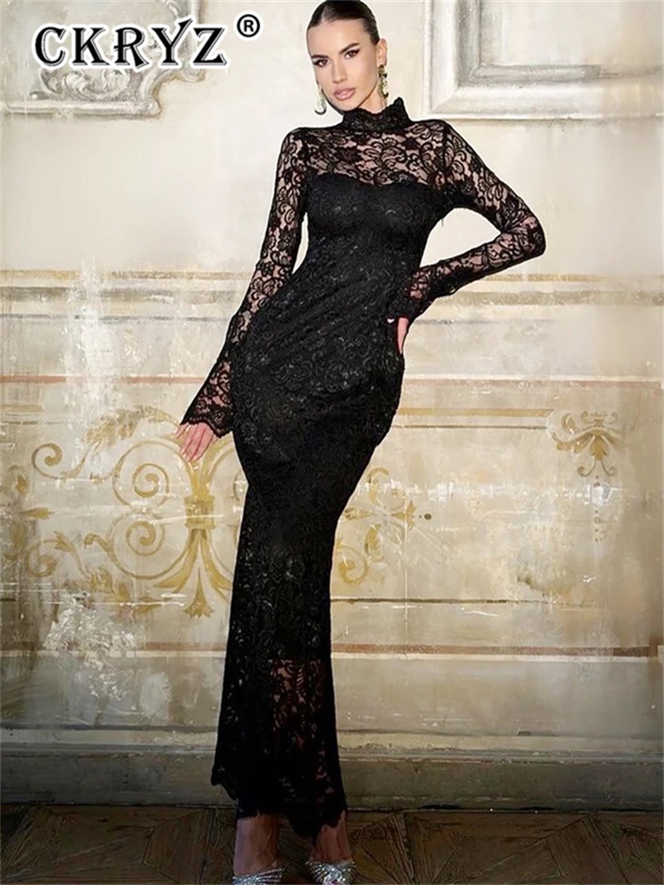 السيدات الخريف أنيقة فستان الحفلات المسائية المرأة طويلة الأكمام عالية الرقبة الدانتيل المرقعة موضة فساتين ماكسي كلوبوير الخريف وتتسابق