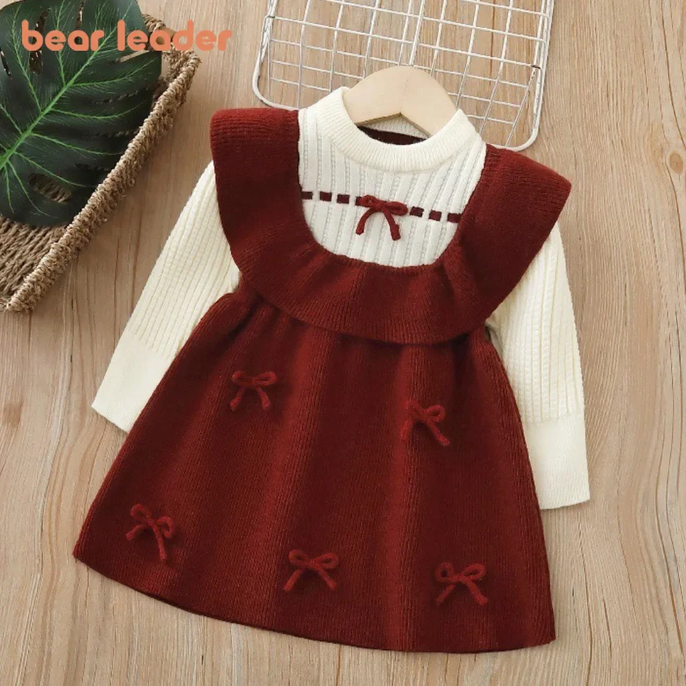 

Bear Leader Girls' Dresses Autumn Winter Bow Decoration Knitted Long Sleeved Children's Dress Color Matching Children's Clothing