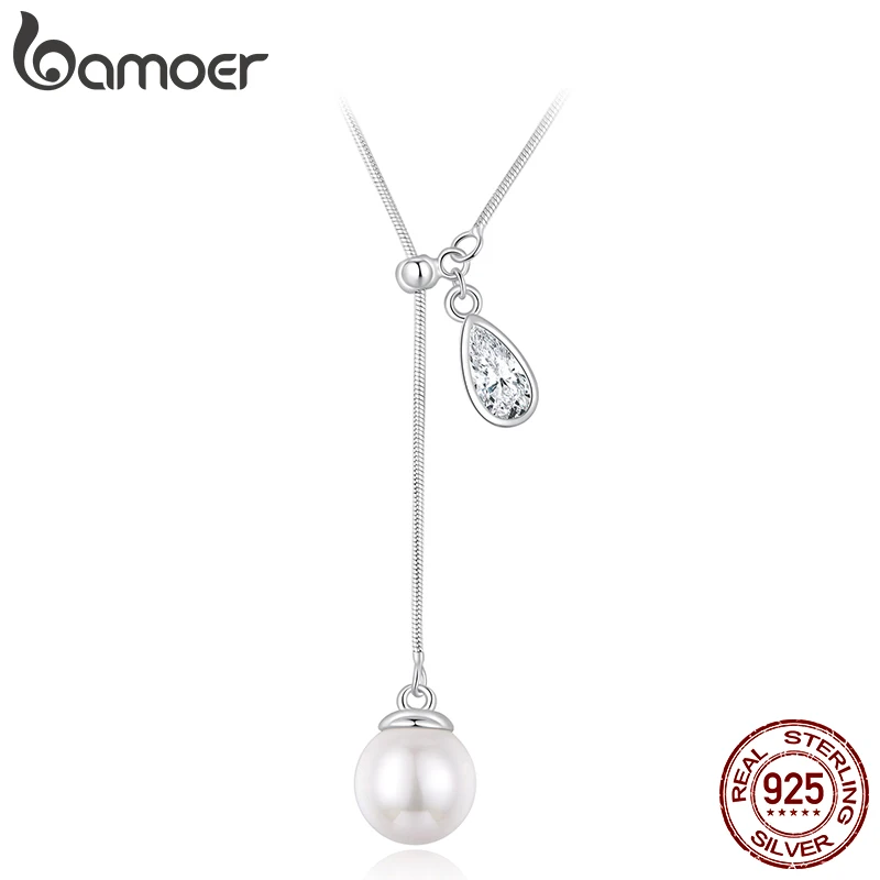 

BAMOER 925 Sterling Silver Y-Shape Peandant Necklace, Adjustable Teardrop Pearl Snake Chain Necklace for Women Elegant Gift