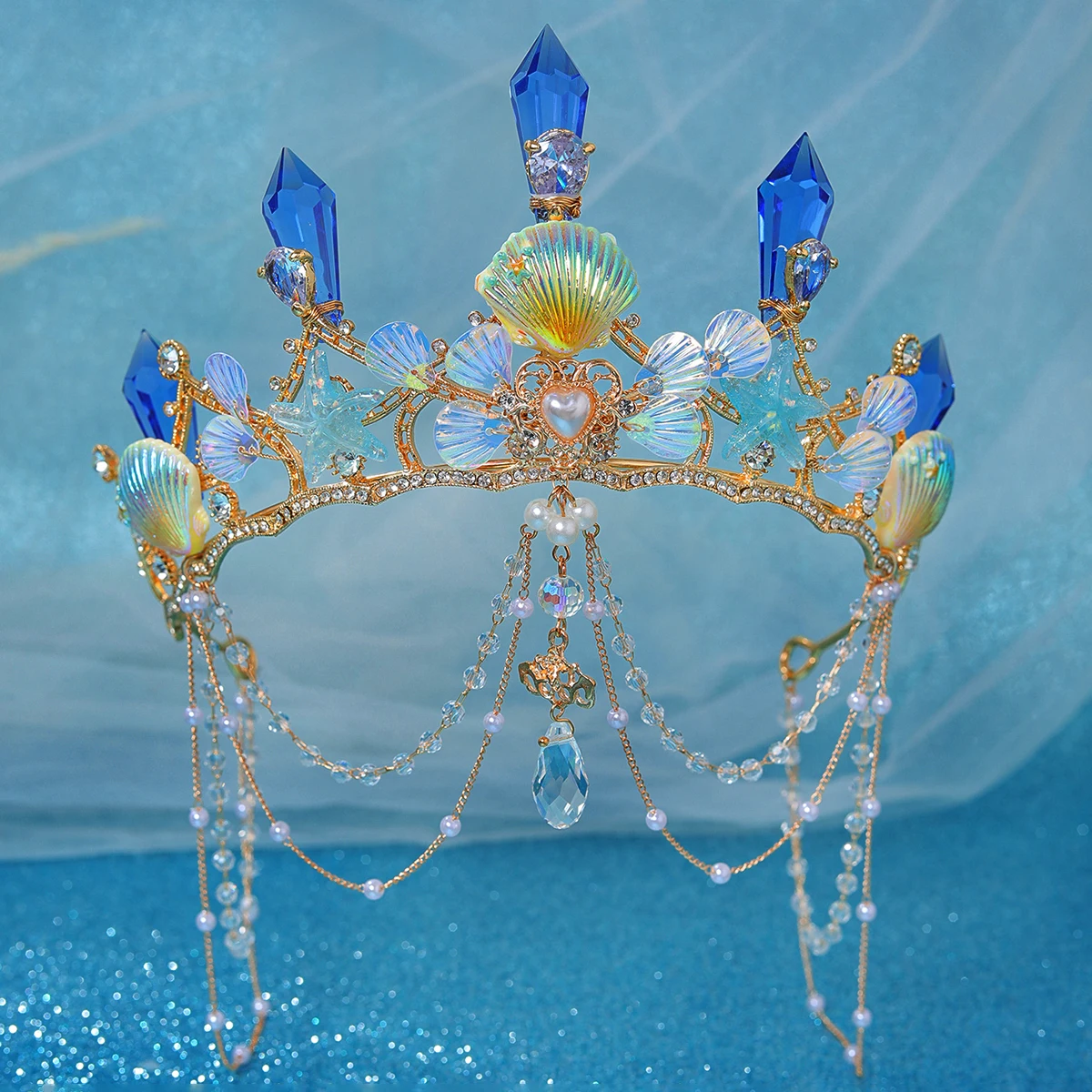 Nowe muszle korona Vintage kryształ Rhinestone tiary korony ręcznie robione frędzle perły księżniczka królowa tiary imprezowe