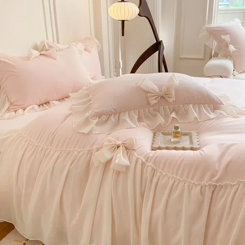 Chiffon Lace Bedding Set Pink France Romantic Princess Wedding Ruffles Bow Soft Duvet Cover Bed Sheet Pillowcases Home Textile