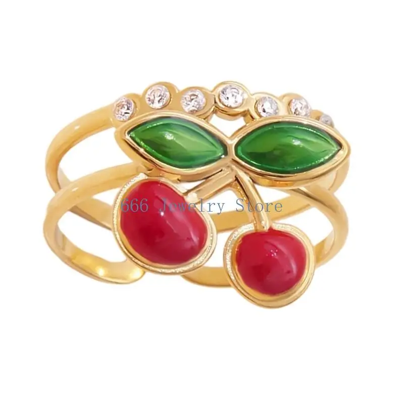 F2TD Cherry Detailed Open Ring Stainless Steel Comfortable Fit Wedding Band Stylish Jewelry Accessory for Everyday Wear
