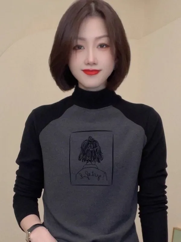 

Faionable Midi High Collar German Velvet Base irt Women's Outerwear Casual Loose Fit Printed Long Sve Thermal Top