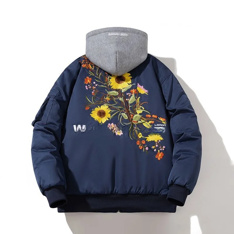 

Мужская свободная повседневная куртка-бомбер с цветочной вышивкой, осенне-зимняя верхняя одежда из полиэстера, ветрозащитная, короткая, в стиле бейсбол.