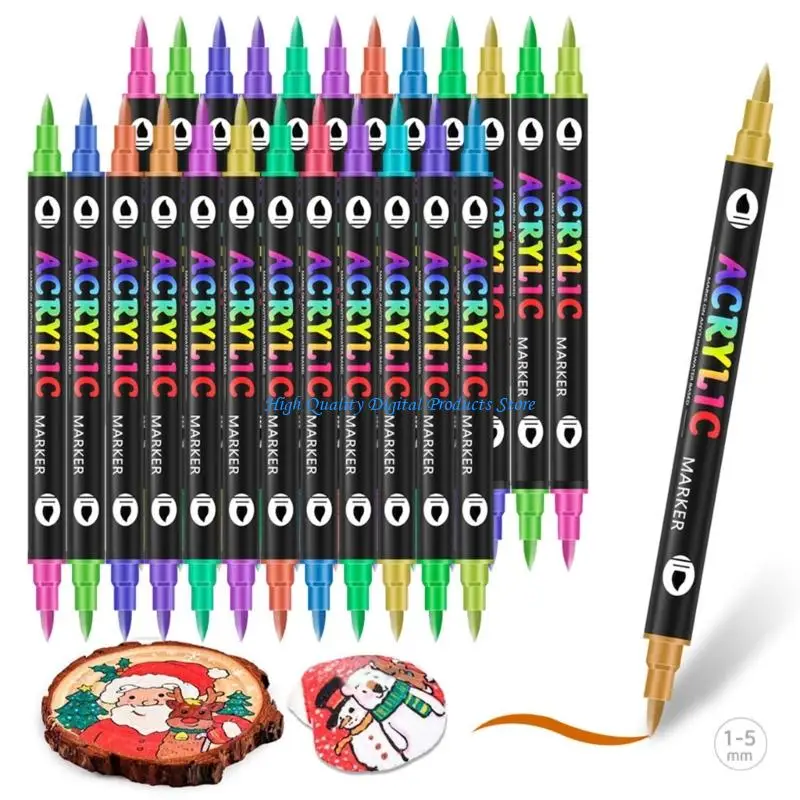 U2JE 12pcs مزدوجة نهاية الاكريليك الطلاء قلم فرشاة نصيحة 24 علامة الأكريليك لطلاء على نبات خشبي الزجاج الخزفي