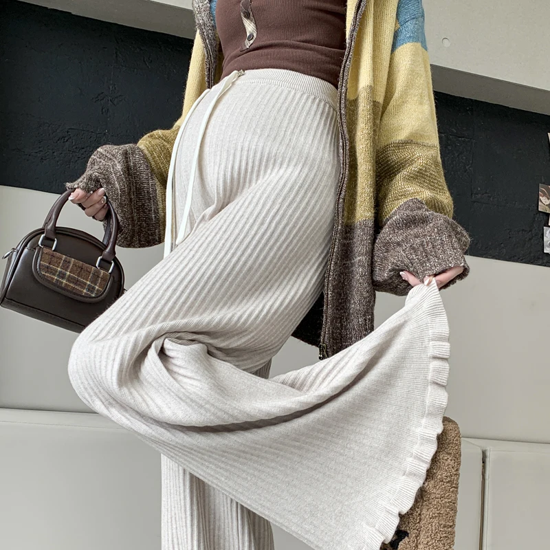 

Maternity Autumn/Winter Premium Knitted Peter Pan Hem Wide-Leg Pants Casual Relaxed Fit Slim Floor-Length Trousers Pregnancy