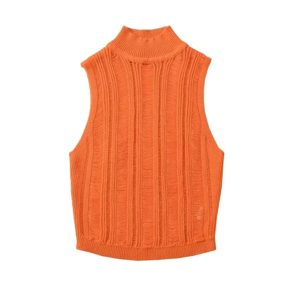 

Spice Girls Women's Stand Collar Hollow-out Sleeveless Sweater Solid Color Slim-fit Knitted Vest Top Trendy Summer