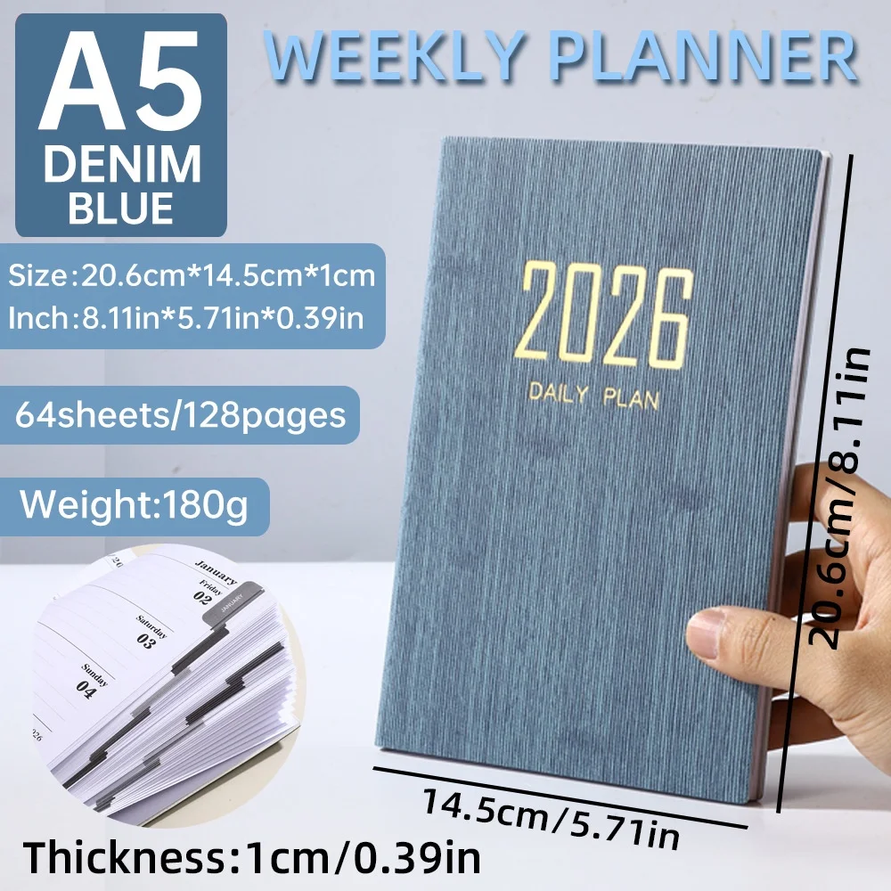 Planificador semanal A5 2026, cubierta de PU duradera, cuaderno con horario diario de 365 días, calendario compacto, diario, organizador de Agenda escolar y de oficina
