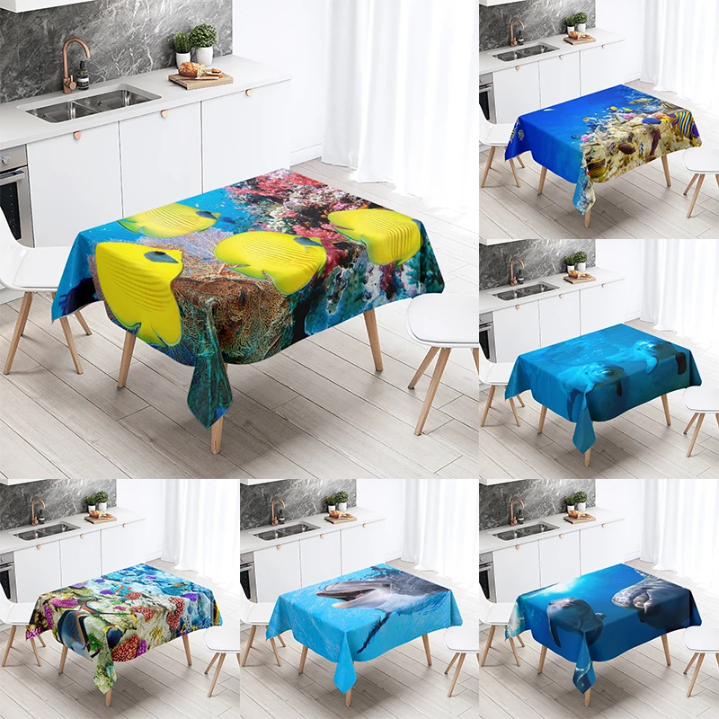 Cute Dolphin Tablecloth Underwater World Marine Life  Party Restaurant Decoration Waterproof Home Table