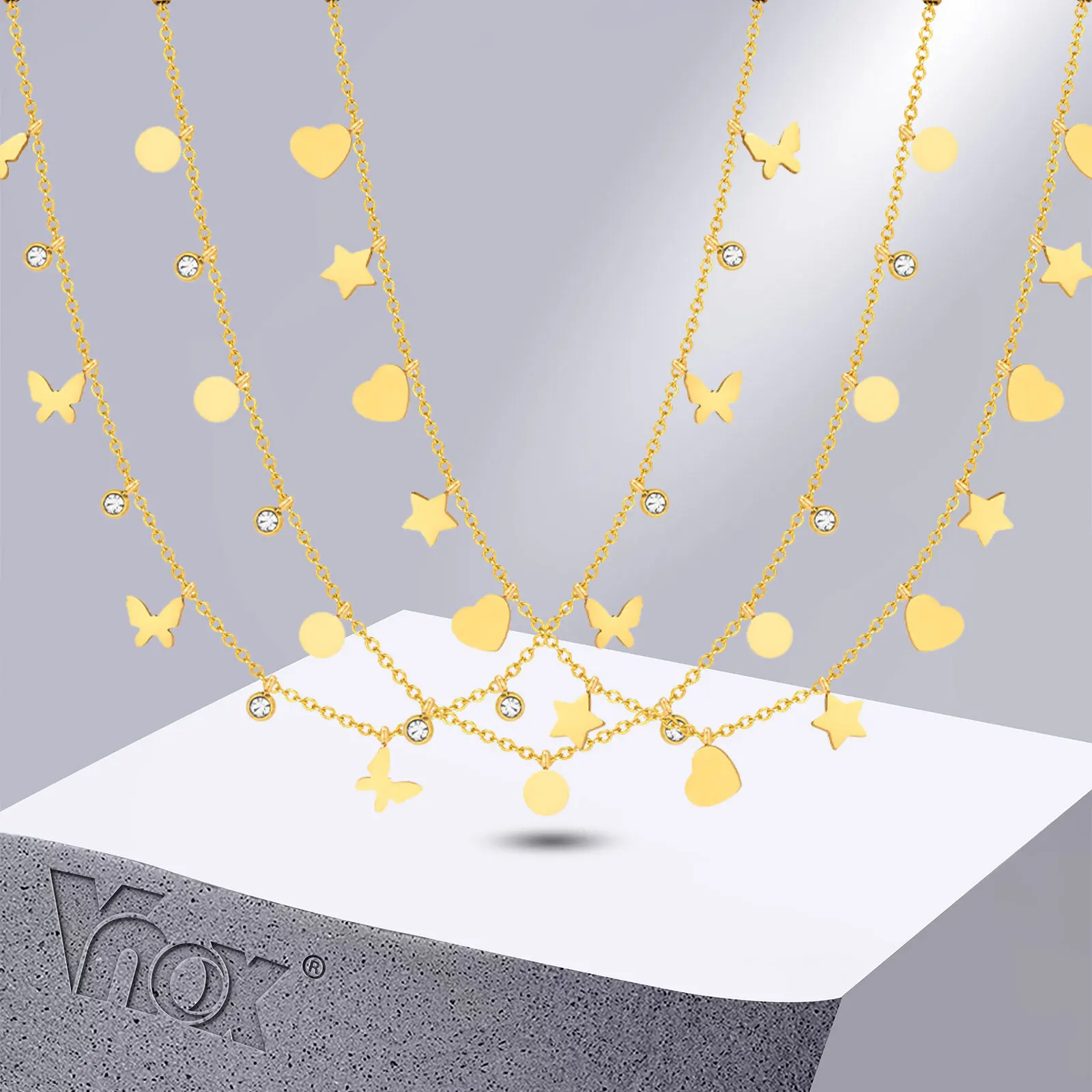 Vnox Chic Heart Stars Choker Necklaces for Women,Gold Color Stainless Steel Butterfly Collar,Valentine's Day Birthday Gifts